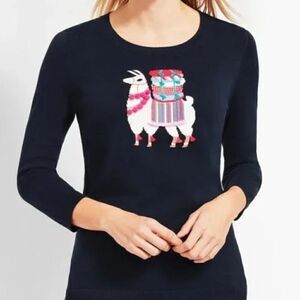 Talbots Size XS Navy Blue Llama Embellished 3/4 Sleeve Crewneck Sweater Top